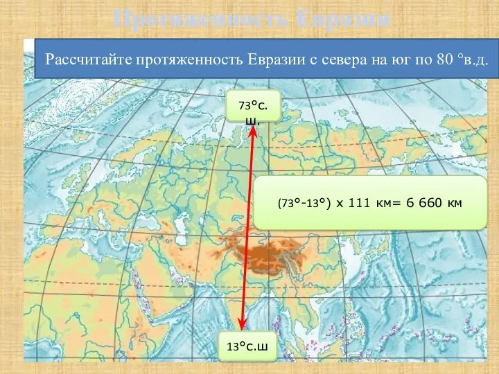 Рассчитайте протяженность Евразии с севера на юг по 80 °в.д.