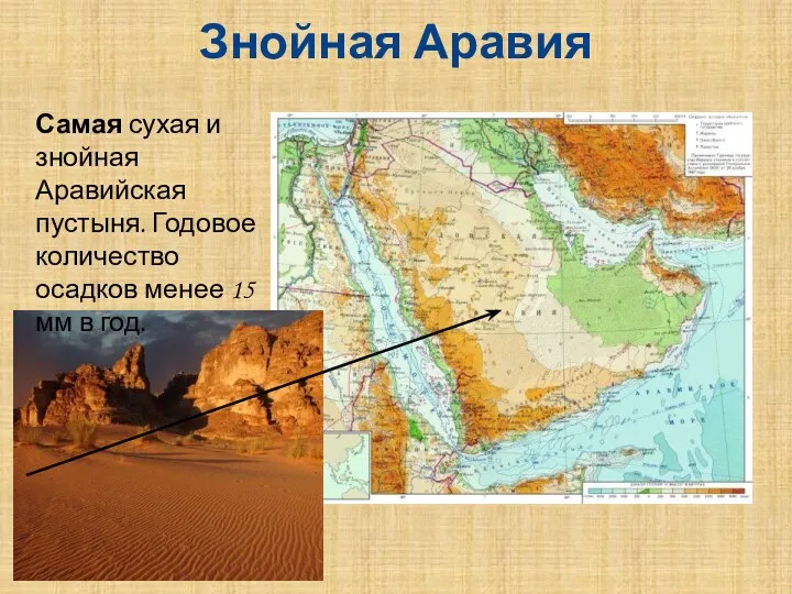 Знойная Аравия Самая сухая и знойная Аравийская пустыня. Годовое количество осадков менее 15 мм в год.
