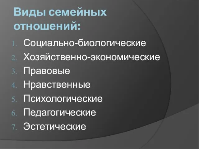 Виды семейных отношений: Социально-биологические Хозяйственно-экономические Правовые Нравственные Психологические Педагогические Эстетические