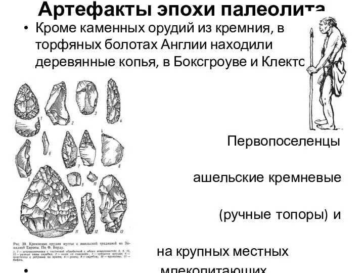 Артефакты эпохи палеолита Кроме каменных орудий из кремния, в торфяных болотах Англии находили