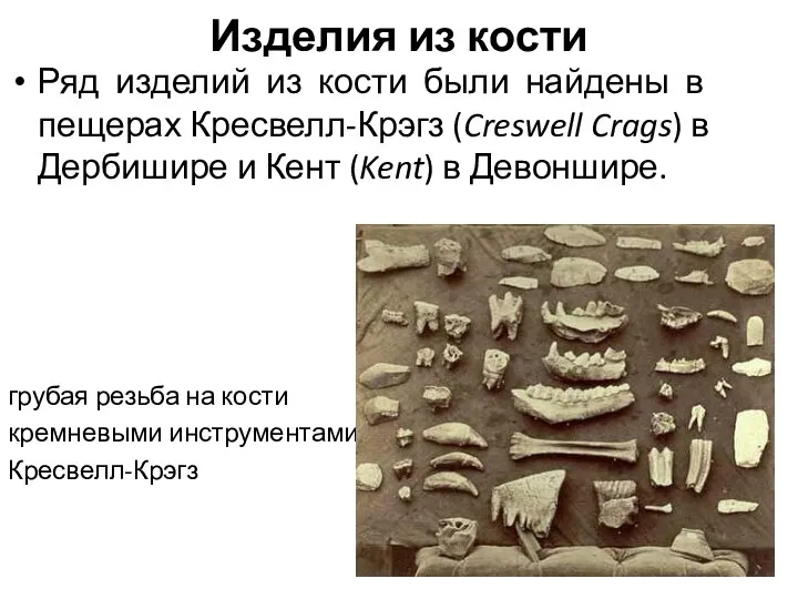 Изделия из кости Ряд изделий из кости были найдены в пещерах Кресвелл-Крэгз (Creswell