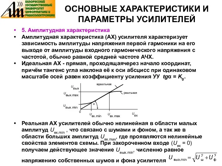 ОСНОВНЫЕ ХАРАКТЕРИСТИКИ И ПАРАМЕТРЫ УСИЛИТЕЛЕЙ 5. Амплитудная характеристика Амплитудная характеристика