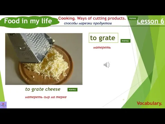 Food in my life Lesson 6 Vocabulary. to grate Сooking. Ways of cutting