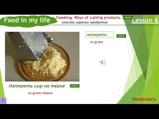 Food in my life Lesson 6 Vocabulary. натереть Сooking. Ways of cutting products.