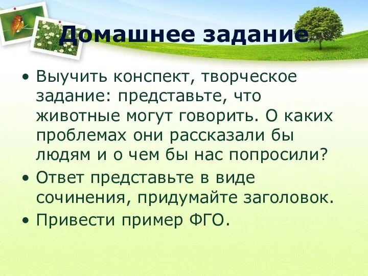 Домашнее задание Выучить конспект, творческое задание: представьте, что животные могут