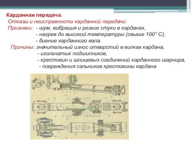 Карданная передача. Отказы и неисправности карданной передачи: Признаки: - шум,