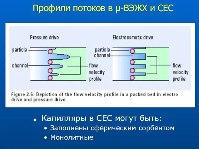 Профили потоков в μ-ВЭЖХ и CЕС Капилляры в СЕС могут быть: Заполнены сферическим сорбентом Монолитные