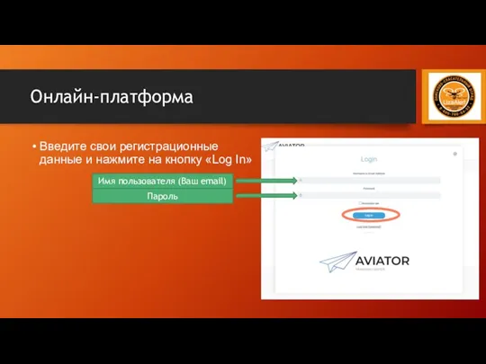 Онлайн-платформа Введите свои регистрационные данные и нажмите на кнопку «Log In» Имя пользователя (Ваш email) Пароль