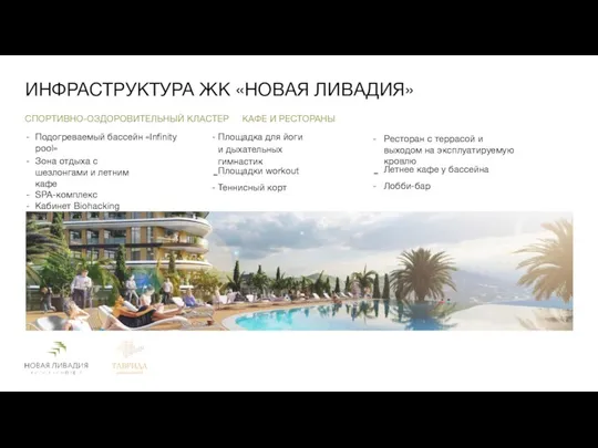 ИНФРАСТРУКТУРА ЖК «НОВАЯ ЛИВАДИЯ» Подогреваемый бассейн «Inﬁnity pool» Зона отдыха