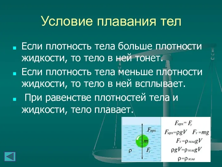 Условие плавания тел Если плотность тела больше плотности жидкости, то тело в ней