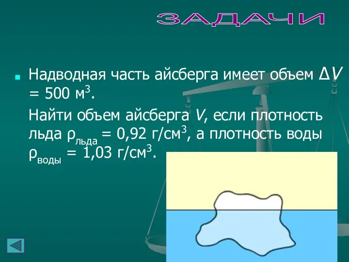 ЗАДАЧИ Надводная часть айсберга имеет объем ΔV = 500 м3. Найти объем айсберга