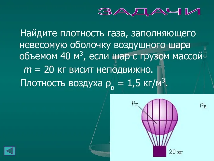 ЗАДАЧИ Найдите плотность газа, заполняющего невесомую оболочку воздушного шара объемом 40 м3, если