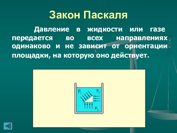 Закон Паскаля Давление в жидкости или газе передается во всех направлениях одинаково и