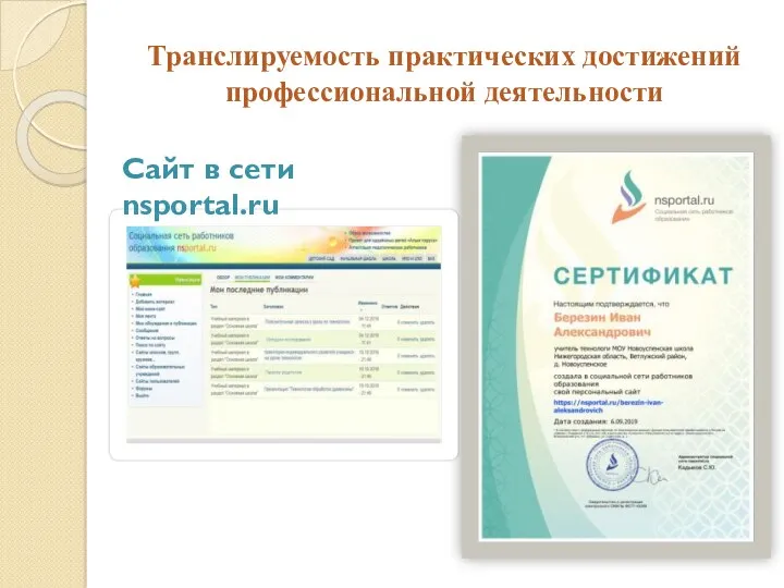 Транслируемость практических достижений профессиональной деятельности Сайт в сети nsportal.ru