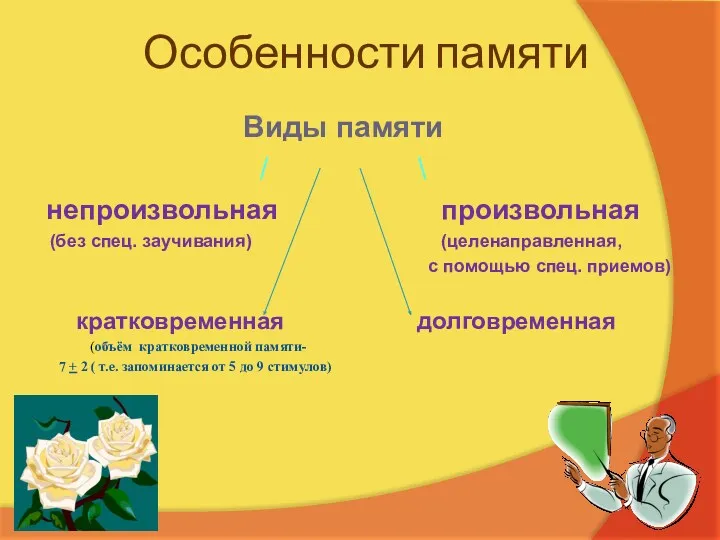 Особенности памяти Виды памяти / \ непроизвольная произвольная (без спец.