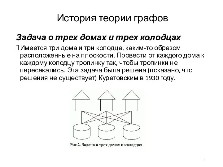 История теории графов Задача о трех домах и трех колодцах