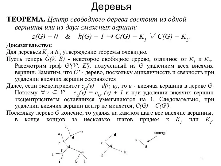 Деревья ТЕОРЕМА. Центр свободного дерева состоит из одной вершины или