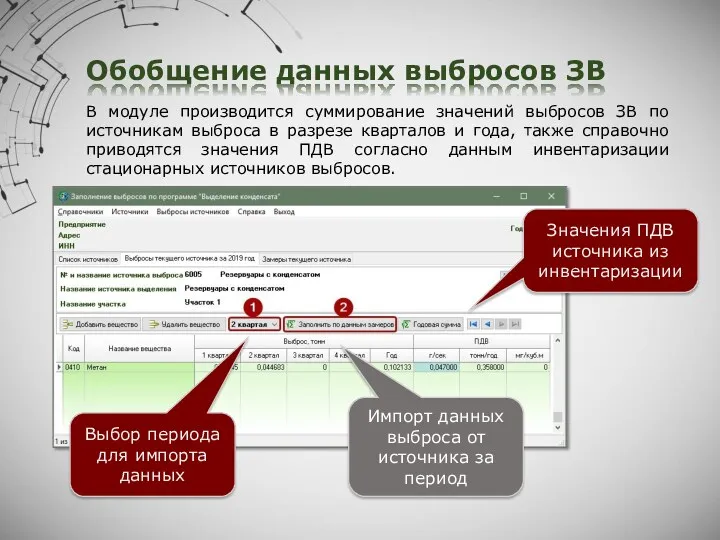 Обобщение данных выбросов ЗВ Значения ПДВ источника из инвентаризации Выбор