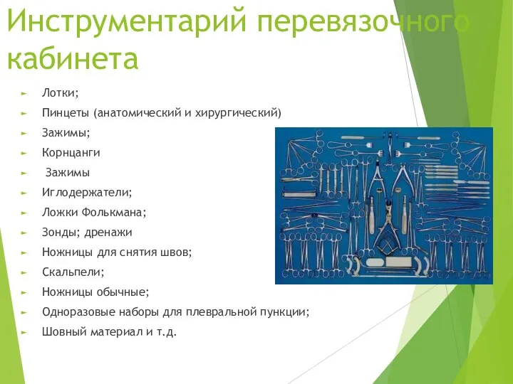 Инструментарий перевязочного кабинета Лотки; Пинцеты (анатомический и хирургический) Зажимы; Корнцанги