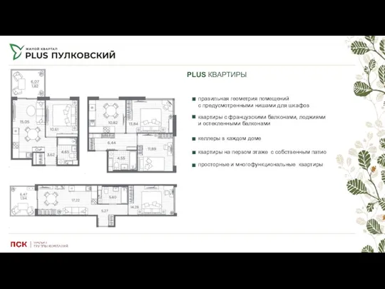 PLUS КВАРТИРЫ правильная геометрия помещений с предусмотренными нишами для шкафов