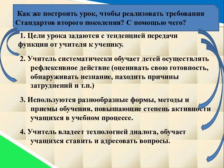 1. Цели урока задаются с тенденцией передачи функции от учителя