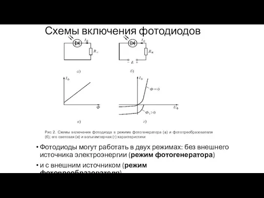 Схемы включения фотодиодов Фотодиоды могут работать в двух режимах: без