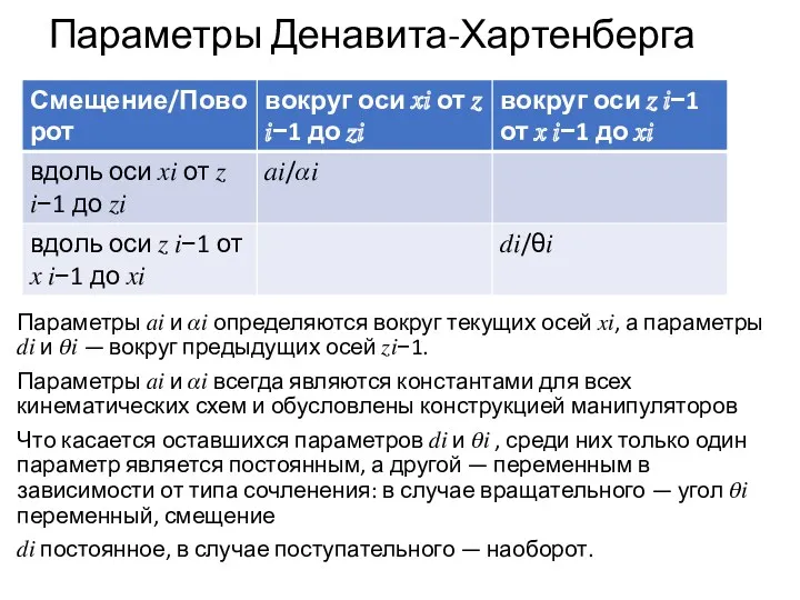 Параметры Денавита-Хартенберга Параметры ?? и ?? определяются вокруг текущих осей