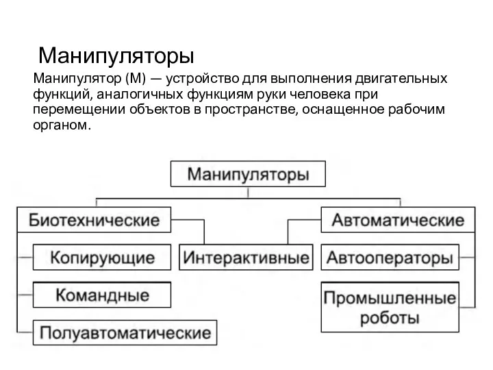 Манипуляторы Манипулятор (М) — устройство для выполнения двигательных функций, аналогичных