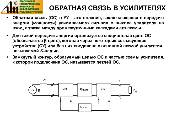 ОБРАТНАЯ СВЯЗЬ В УСИЛИТЕЛЯХ Обратная связь (ОС) в УУ –