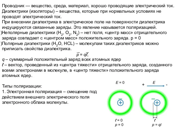 Проводник — вещество, среда, материал, хорошо проводящие электрический ток. Диэлектрики