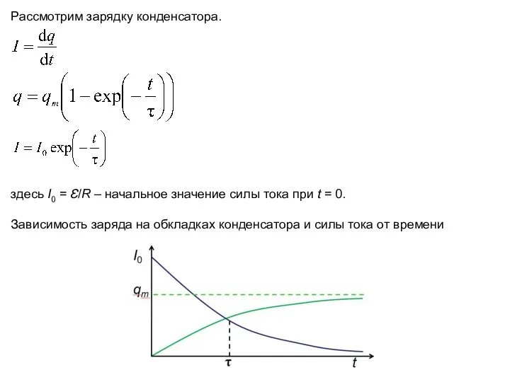 Рассмотрим зарядку конденсатора. здесь I0 = Ԑ/R – начальное значение