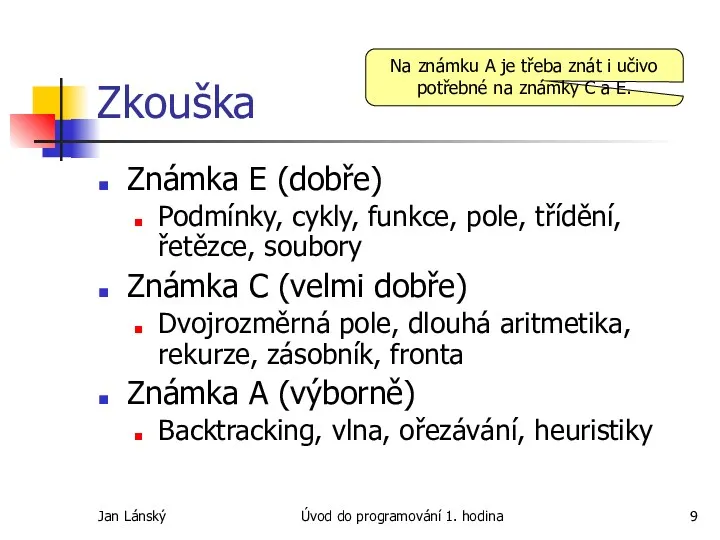 Jan Lánský Úvod do programování 1. hodina Zkouška Známka E