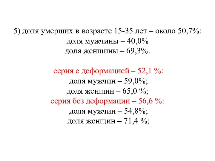 5) доля умерших в возрасте 15-35 лет – около 50,7%: