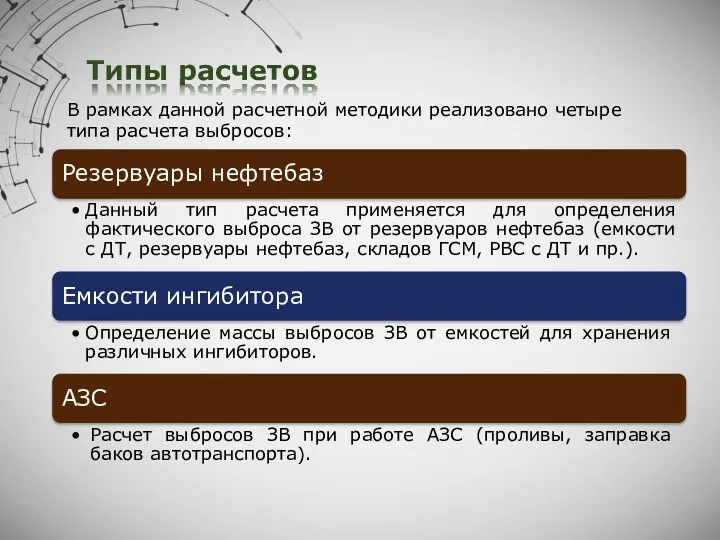 Типы расчетов В рамках данной расчетной методики реализовано четыре типа расчета выбросов: