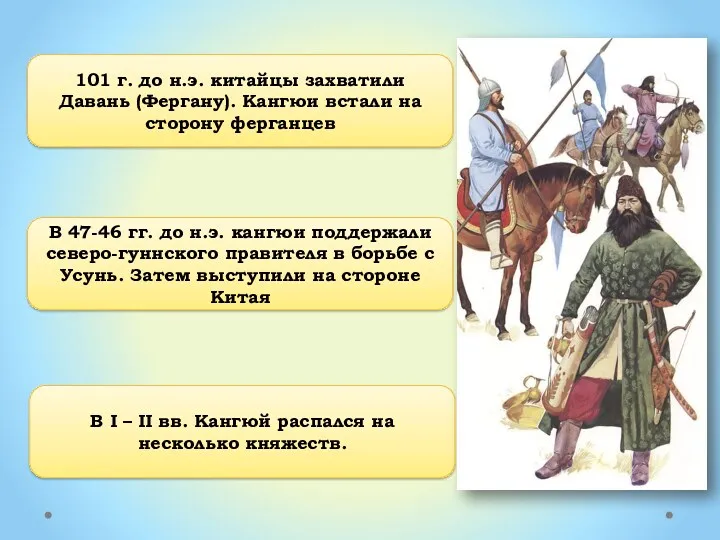 101 г. до н.э. китайцы захватили Давань (Фергану). Кангюи встали