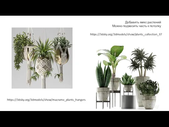 https://3dsky.org/3dmodels/show/macrame_plants_hangers https://3dsky.org/3dmodels/show/plants_collection_37 Добавить микс растений Можно подвесить часть к потолку