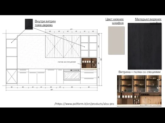 Цвет нижних шкафов Матерьял верхних шкафов Витрина + полка со