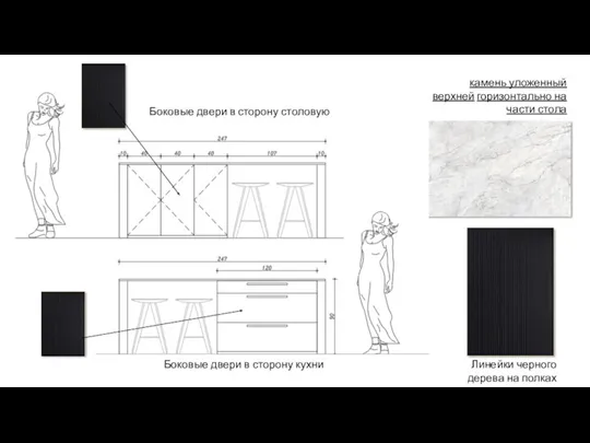 Линейки черного дерева на полках Боковые двери в сторону столовую