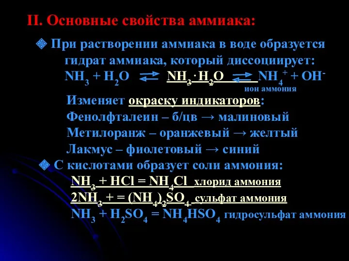 II. Основные свойства аммиака: При растворении аммиака в воде образуется