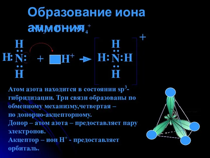 Образование иона аммония NH3 + H+ = NH4+ Н :