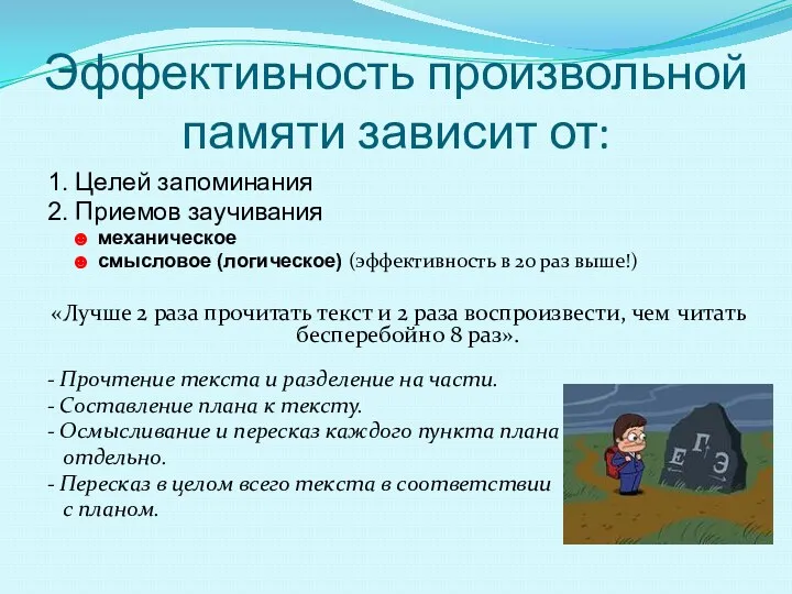 Эффективность произвольной памяти зависит от: 1. Целей запоминания 2. Приемов