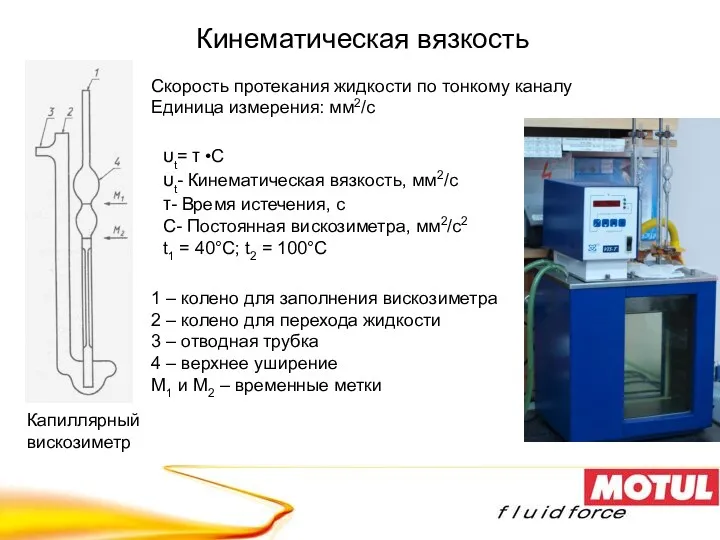 Кинематическая вязкость 1 – колено для заполнения вискозиметра 2 –