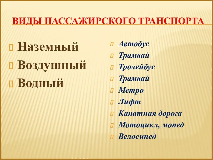ВИДЫ ПАССАЖИРСКОГО ТРАНСПОРТА Наземный Воздушный Водный Автобус Трамвай Тролейбус Трамвай
