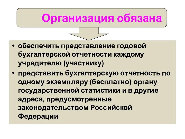 Организация обязана обеспечить представление годовой бухгалтерской отчетности каждому учредителю (участнику)