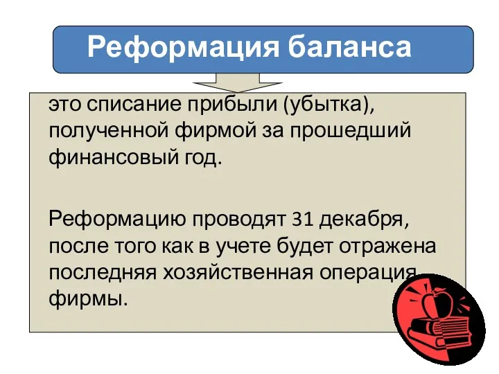 Реформация баланса это списание прибыли (убытка), полученной фирмой за прошедший