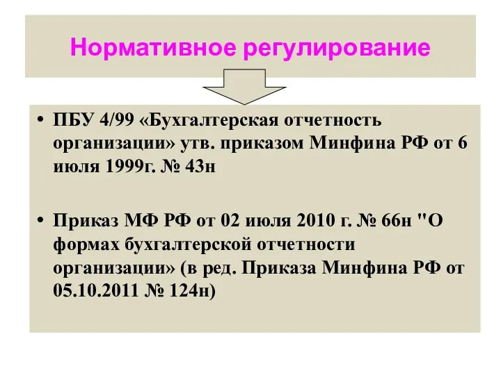 Нормативное регулирование ПБУ 4/99 «Бухгалтерская отчетность организации» утв. приказом Минфина