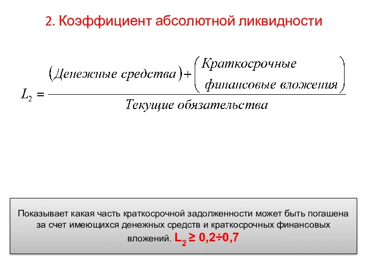 2. Коэффициент абсолютной ликвидности Показывает какая часть краткосрочной задолженности может