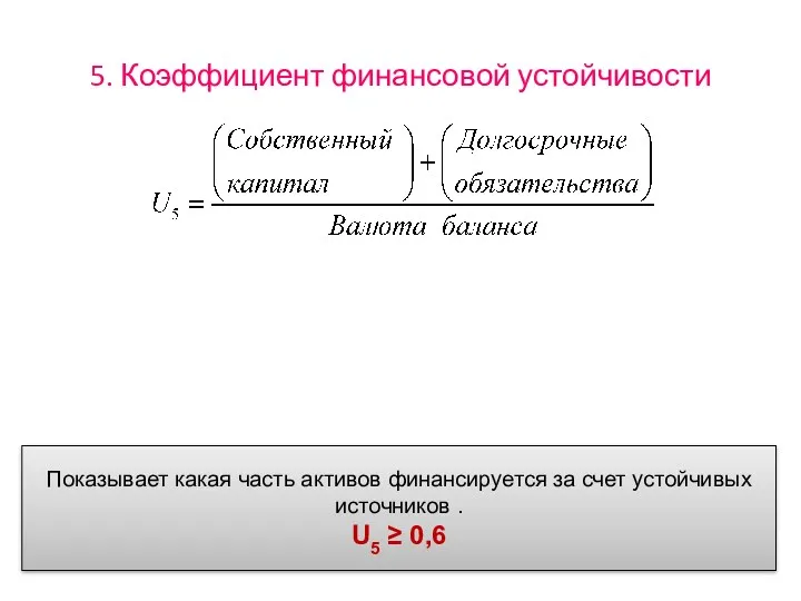 5. Коэффициент финансовой устойчивости Показывает какая часть активов финансируется за