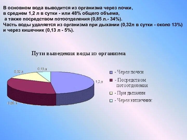 В основном вода выводится из организма через почки, в среднем