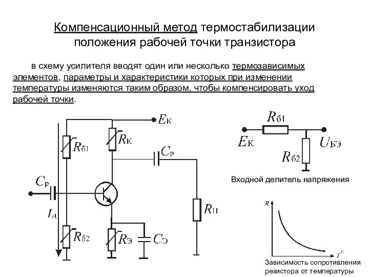 Компенсационный метод термостабилизации положения рабочей точки транзистора в схему усилителя